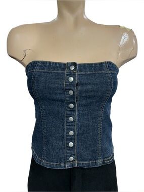 BONGO Dark Blue Denim Strapless Button-Front Crop Top Size M